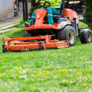 an,individual,operates,a,red,riding,lawn,mower,,cutting,lush